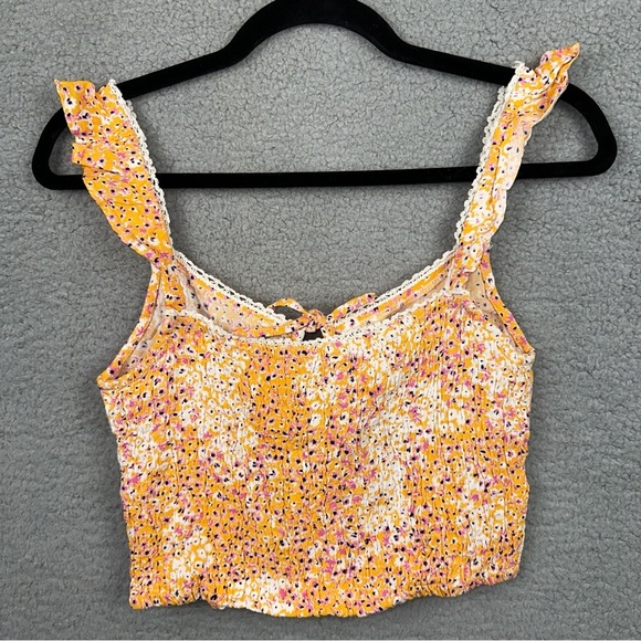 Sim & Sam Top Womens Medium Orange Ditsy Floral Smocked Ruffle Crop Y2K Boho NEW - Picture 3 of 10